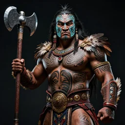editorial full body photo portrait of enormous Maori warrior with a mace and glowing tribal futuristic tattoos on his face, warrior body, feathers and paint, photo by mario testino, cinematic, hyper detailed, micro details, insanely detailed, trending on artstation,dark background, dramatic lighting, cinematic angle, concept art, insanely detailed and intricate