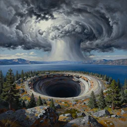 a painting of a giant vortex hole in lake tahoe, a surrealist painting by Bob Eggleton, deviantart, nuclear art, apocalypse art, apocalypse landscape, hyper realism