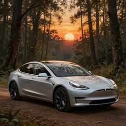 renaissance painting of a tesla model 3 in a forest at sunset