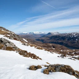early spring snow patches high up in the scottish highlands, rocky outcrops, peaks in the distance, blue sky with cirrus clouds by tyler edlin