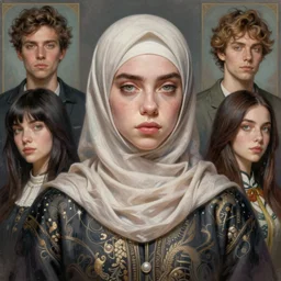 hyperdetailed portrait of a highly detailed portrait of a billie eilish hijab, digital painting, artstation hq, sharp foccus ilustration, artstation hq. intricate, elegant. wlop, artgerm, greg rutkowski, alphonse mucha, medium shot. dan mumford, tomokazu matsuyama, takato 4 yamamoto