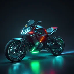 concept art of futuristic mortorcycle with neon light, cyberpunk aesthetic, capable to flight, navigator gear, ultra realistic, ultra detailed, volumetric light, unreal engine, 8 k