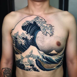 a man with a tatoo of the great wave of kanagawa, a tattoo by richard mortensen, reddit contest winner, primitivism, tattoo, detailed, intricate