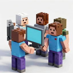 block figures looking like roblox figures who are playing with a computer in a block world, having fun in the sun, bright and fun colors