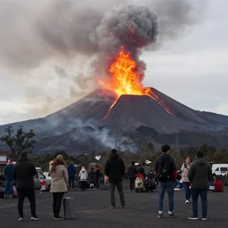 a volcano erupting. oblivious citizens continue their day