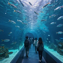 fantastic space. aquarium underwater corridor. people observing lots of clear fish. water droplets, highly detailed, artstation trend, highly detailed and intricate, studio ghibli, makoto shinkai, no blur, photography, unreal engine 5