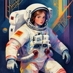 portrait of a young astronaut girl,  colorful,modern art deco, Mads Berg, Karolis Strautniekas, stippled light, fine texture, editorial illustration, dramatic lighting, dynamic composition, detailed, matte print, dynamic perspective