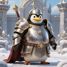 fat penguin paladin in heavy armor, winter kingdom background, cinematic, artstation character art, unreal engine 5 render