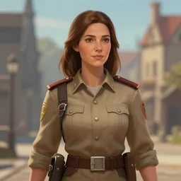 a town guard woman with shoulder length brown hair wearing light brown clothing, a character portrait by mandy jurgens, nina tryggvadottir, 2 d game art, cgsociety, fantasy art, artstation hd, detailed painting, official art