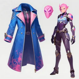 game asset of coat and clothing influenced by warframe, in gouache detailed paintings, props, stylized, 2 d sprites, kitbash, arcane, overwatch, blue and pink color scheme, 8 k
