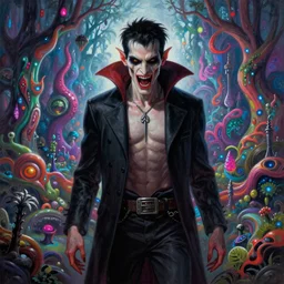 Horrifying hyper realistic vampire in a beautiful lsd multiverse, Greg Rutkowski matte painting, post-processing, fantasy , masterpiece , painting , vibrant colors