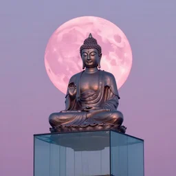 the most beautiful sunset, giant pink full moon, a giant buddha meditating above a glass clear lake surrounded by a rain forest with giant ferns and blue flowers, coherent design, symmetrical, concept art, vivid color, complementary color, golden ratio, detailed, sharp lines, intricate, rainbowshift, by mc escher, by sahm, octane render