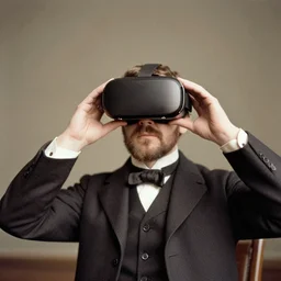 vintage photo of a man from the 1800s using a vr headset, 35mm film