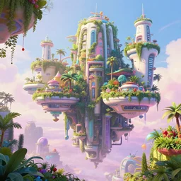 biophilic futuristic scifi suspended city gardens architectural landscape, dramatic lighting, maximalist pastel color palette, splatter paint, pixar and disney concept, graphic novel by fiona staples and dustin nguyen, peter elson alan bean wangechi mutu, clean cel shaded vector art, on artstation