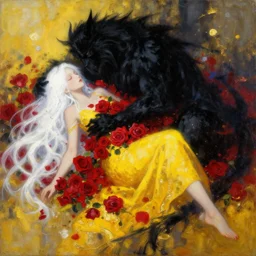 red like roses fills my dreams and brings me to the place you rest. | white is cold and always yearning, burdened by a royal test. | black the beast descends from shadows. | yellow beauty burns gold. abstract oil painting. beautiful woman. fantasy. concept art. rwby. highly detailed and colorful.