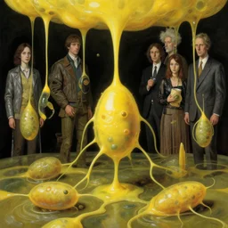 human amoeba mitosis by norman rockwell and gil elvgren and michal karcz and magali villeneuve and gerald brom and greg rutkowski, chiaroscuro!!, solarpunk!, opaque yellow liquid, floating, tendrils, ooze, hyperrealism, surrealism