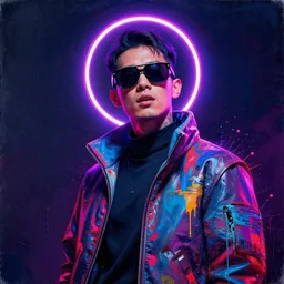 a portrait of a cyberpunk with sunglasses wearing futuristic clothing and a neon halo, defiant, passionate, spotlight, paint drips, paint splatter, vibrant colors, dramatic, canvas texture, futuristic clothing, glitch art by carl dobsky and jeremy mann