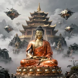 a single detailed robotic buddha with an orange robe, mystic atmosphere, a detailed metallic temple on a misty mountain, shiny reflections, multiple detailed robotic airships, volumetric fog, perspective painting, atmospheric shot, cinematic establishing shot, in the style of greg rutkowski, in the style of james gurney, artstation, unreal engine, maya