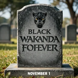 a tombstone inscribed with the words black panther : wakanda forever - in theaters november 1 1
