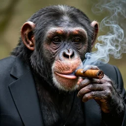 a high detail closeup shot of a  chimp wearing a suit, smoking a cigar