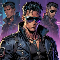 hyper detailed comic illustration of a cyberpunk Evil!!! man wearing a futuristic sunglasses and a gorpcore!!! jacket, pirate eye patch, by Josan Gonzalez and Geof Darrow, intricate details, vibrant
