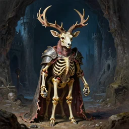 A little vibrant. A spiked horned detailed deer-semihuman skeleton with armored joints stands in a large cavernous dark castle with a pebble in hands. Wearing massive shoulderplates, cloak. Extremely high details, realistic, fantasy art, solo, masterpiece, bones, ripped flesh, colorful art by Zdzisław Beksiński, Arthur Rackham, Dariusz Zawadzki, Harry Clarke