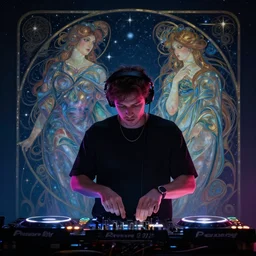 A man djing at night under the stars, beautiful, digital art, artstation, hyperrealistic, 8k, unreal engine, octane render, trending on artstation, art by Artgerm and Greg Rutkowski and Alphonse Mucha and Beeple