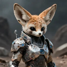 anthropomorphic fennec in cyber armour, cyberpunk, wear and tear, battle hardened, shell shocked eyes, artstation, dirty