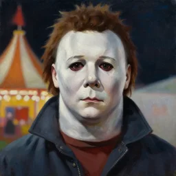 painting of Michael Myers at a travelling carnival, sharp focus, face focused, trending on ArtStation, masterpiece, by Greg Rutkowski, by Ross Tran, by Fenghua Zhong, octane, soft render, oil on canvas, moody lighting, high contrast, cinematic