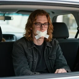 movie scene of a handsome guy with chestnut hair long hair glasses being kindapped in the trunk of a car with tape on mouth