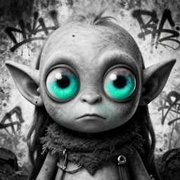 detailed closeup portrait of cute grey goblin ranger with giant drug eyes, in the style of rob lefield and dan mumford, epic gradient, by atey ghailan, by greg rutkowski, by greg tocchini, by james gilleard, by joe fenton, by kaethe butcher, gradient olive turquiose, black and white color scheme, grunge aesthetic, graffiti tag
