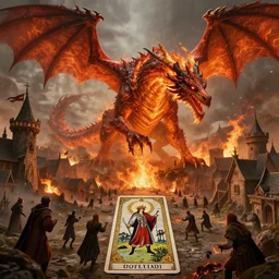 a medieval village being attacked by a giant fire dragon, digital art, high quality, 4k HDR, concept art, trending on DeviantArt, highly detailed, tarot card, fantasy style, dramatic lighting, cinematic, path tracing