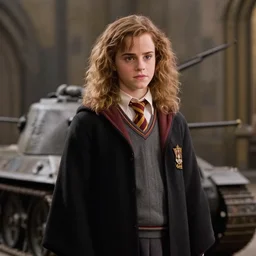 Photo of Emma Watson as Hermione Granger using a tank in Hogwarts
