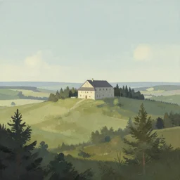A serene landscape with a singular building in the style of Greg Rutkowski.
