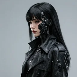 black haired woman in a trench coat in a black cyberpunk 2 0 7 7, intricate, highly detailed, face enhance, realistic, masterpiece