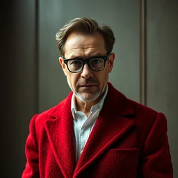 detailed attractive characther portrait of kevin spacey wearing oversized red blazer cow hair jacket and wearing glasses, realistic, wide angle, dramatic light 8 k