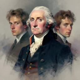 portrait of a george washington, colorful, modern art deco, mads berg, karolis strautniekas, christopher balaskas, stippled light, fog, moody, fine texture, editorial illustration, dramatic lighting, dynamic composition, detailed, matte print, dynamic perspective, muted color