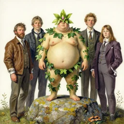 chubby Physique Portrait of a Orchid Guy wearing an Ivy costume poison oak disguised as a human standing atop a lichen covered stone greg rutkowski jen bartel peter mohrbacher anna podedworna arthur rackham salvador dali octavio ocampo jacek yerka winslow homer norman rockwell inio asano prismacolor tombow quill