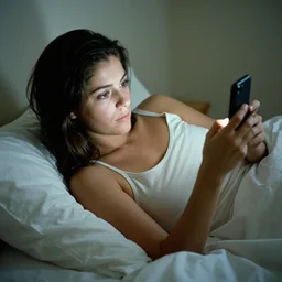 a woman with dark brown hair relaxing on a bed staring at her cell phone, photo by Dianne Arbus