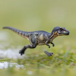 action photography, viewed from far away, award winning macro photo of a tiny ultra detailed gray dinosaur running fast on a field of grass, snow, fast shutter speed, motion blur, tiny gaussian blur, highly detailed, highly intricate, depth of field, national geographic