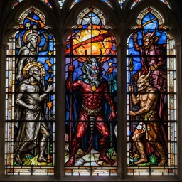 A stunning highly detailed stained glass window made by Hieronymus Bosch depicting hell and the devil in the style of Hieronymus Bosch