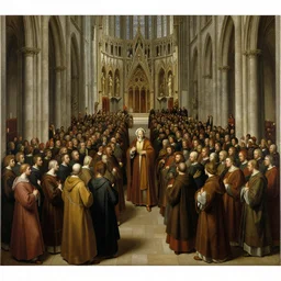 elisabeth louise vigee - le brun painting of large crowd of medieval monks in giant in a gothic cathedral interior raising new magical glowing spirit, old master painting with stunning lighting and details photoreal dusk sun lit light,