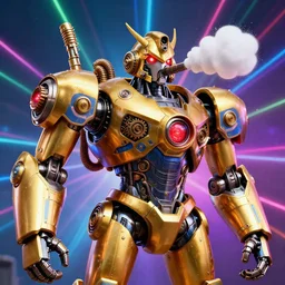 portrait photo of a giant huge golden and blue metal steampunk robot with a foamspitting foam machine, with gears and tubes, eyes are glowing red lightbulbs, shiny crisp finish, 3 d render, 8 k, insaneley detailed, fluorescent colors, background is multicolored lasershow
