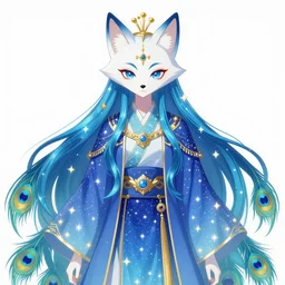 portrait from an anime of an ethereal colorful blue starry fox peacock character accented in gold, wearing star filled magic imbued mage robes, wearing lots of gold jewelry and gems, set in observatory at night, art by yuji ikehata, background art by miyazaki, realism, proper human proportions, fully clothed,