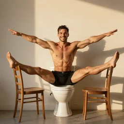 hyperrealistic muscular Jean Claude Vandamme doing the splits, spread eagle between two chairs over a toilet, golden hour, smiling, award winning