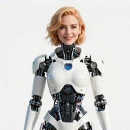 beautiful centered Fine art photo portrait of delighted Christina Hendricks as a solarpunk robotic humanoid, white mechanical parts with led lights, photorealistic, white background, highly detailed and intricate, sun lighting, HDR 8k