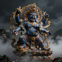 tibetan wrathful deity, unreal render, cinematic lighting, volumetric fog, unnerving atmosphere