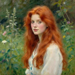 a beautiful red haired woman in a garden, beautiful painting by raymond swanland