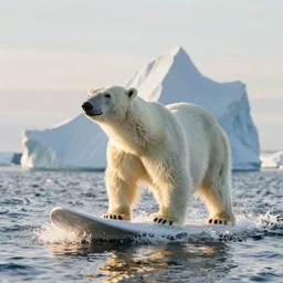 polar bear surfing, iceberg in background, ultra realistic, award winning dslr photography, global illumination, radiant lighting