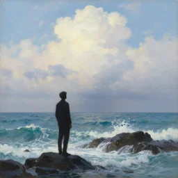 a beautiful painting of a silhouette of a man looking in the distance towards an ocean above the clouds, waves crashing at rocks, airy theme, breathtaking clouds, volumetric fog, by asher brown durand and rembrandt, featured on artstation, vertical orientation, perfect composition, work of art